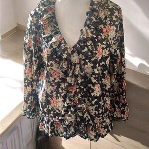 Lauren Ralph Lauren Womens Ruffled faded black floral pink shirt size XL!
